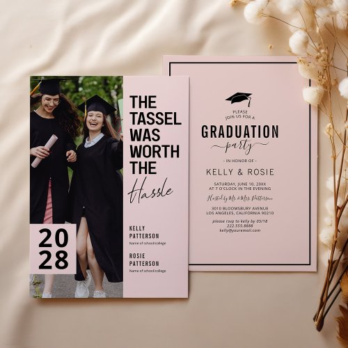 Double Graduation Chic Photo Party Invitation - Celebrate the graduates with these modern double graduation invitations featuring a dusty pink background, a photo of the grads, the saying 'the tassel was worth the hassle', and a trendy party template that is easy to personalize.