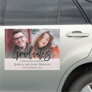 Double Graduation Congrats Black White Modern Car Magnet