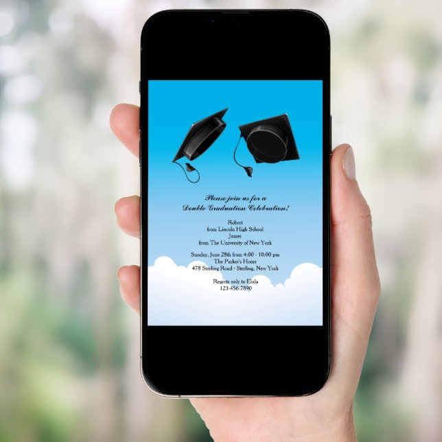 Double Graduation Hat Toss Vertical Black Invitation (Front Digital)