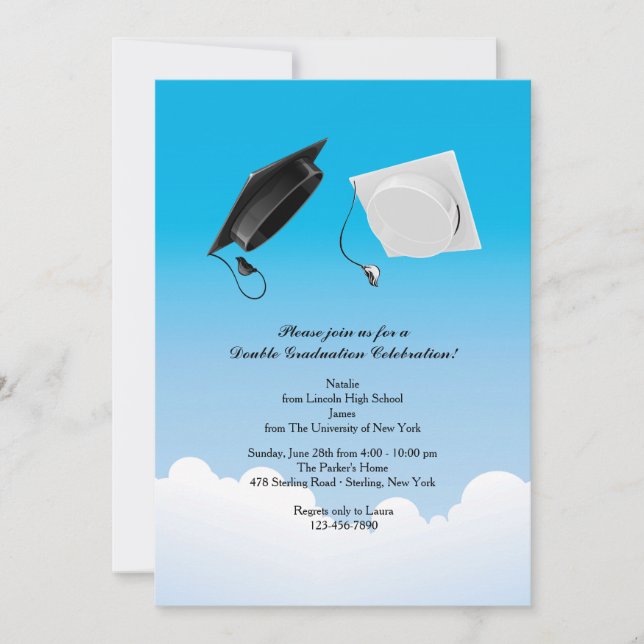 Double Graduation Hat Toss Vertical Invitation (Front)