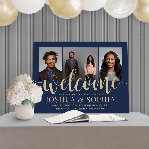 Double Graduation Joint Photo Welcome Navy  Gold Foam Board