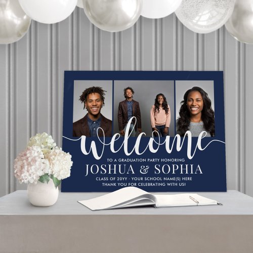 Double Graduation Joint Photo Welcome Navy  White Foam Board