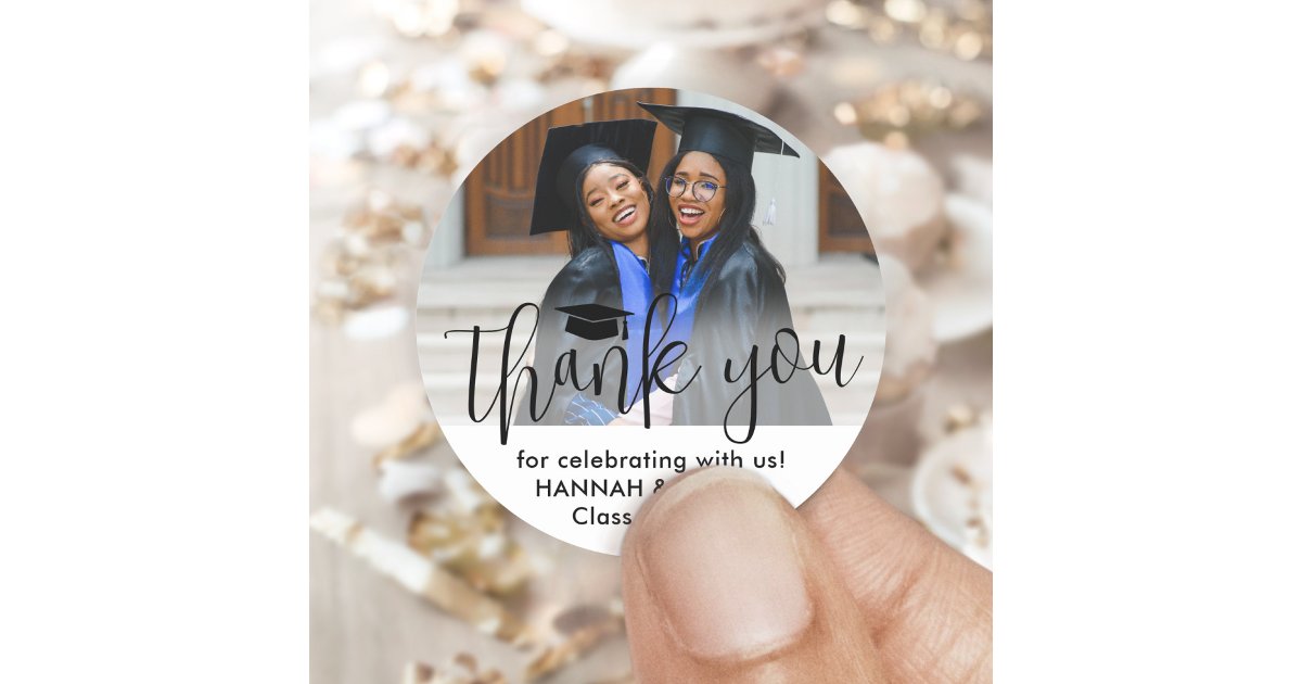 Double Graduation Party Joint Photo Thank You Classic Round Sticker ...
