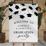 Double Graduation Party Welcome Foam Board<br><div class="desc">Minimalist 2 person graduation party welcome sign featuring falling black mortarboard caps,  and a modern text template that is easy to personalize.</div>