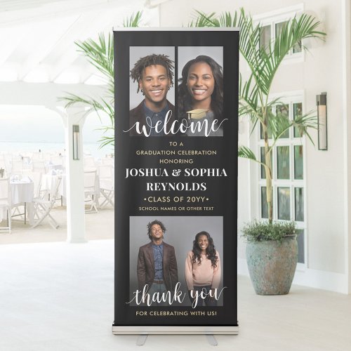 Double Graduation Party Welcome Photo Black  Gold Retractable Banner