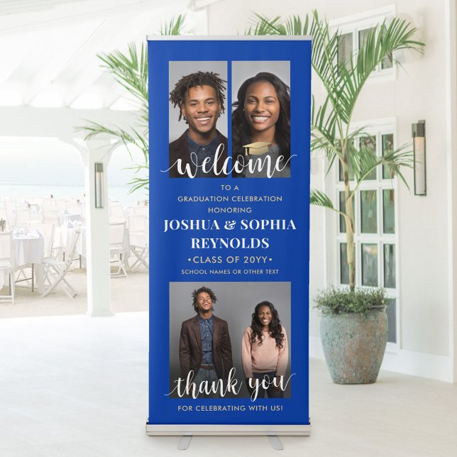 Double Graduation Party Welcome Photo Blue & Gold Retractable Banner (Creator Uploaded)