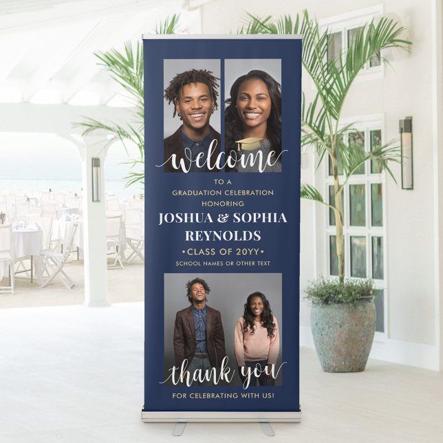 Double Graduation Party Welcome Photo Navy & Gold Retractable Banner (Creator Uploaded)