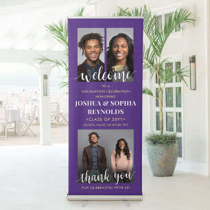 Double Graduation Party Welcome Photo Purple Gold Retractable Banner