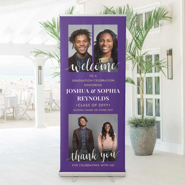 Double Graduation Party Welcome Photo Purple Gold Retractable Banner (Creator Uploaded)