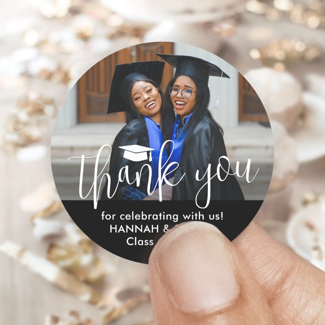 Double Graduation Photo Joint Party Thank You Classic Round Sticker (Creator Uploaded)