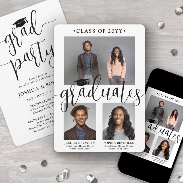 Double Graduation Two Graduates Photos Joint Party Invitation (Creator Uploaded)