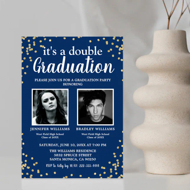 Double Graduation Two Photo Graduate Blue Invitation | Zazzle