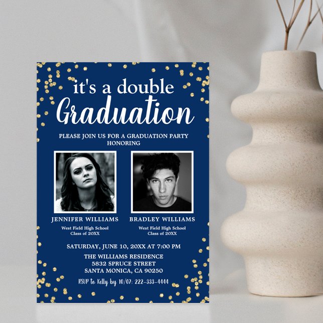 Double Graduation Two Photo Graduate Blue Invitation (Creator Uploaded)