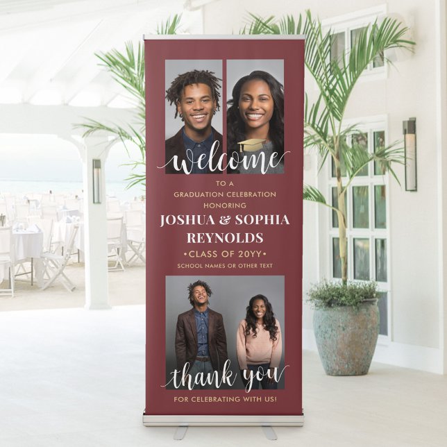 Double Graduation Welcome Photo Burgundy and Gold Retractable Banner (Creator Uploaded)