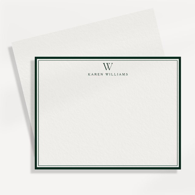 Double Green Border Monogram Stationery Note Card (Creator Uploaded)
