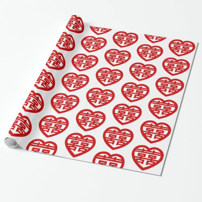 Double Happiness 囍 Shuangxi Chinese Hanzi Heart Wrapping Paper (Unrolled)