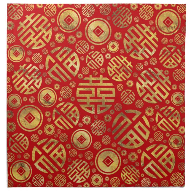 Double Happiness and Chinese coins pattern Cloth Napkin (Front)