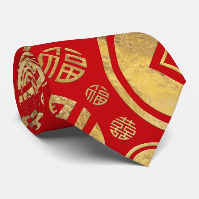 Double Happiness and Chinese coins pattern Neck Tie (Rolled)