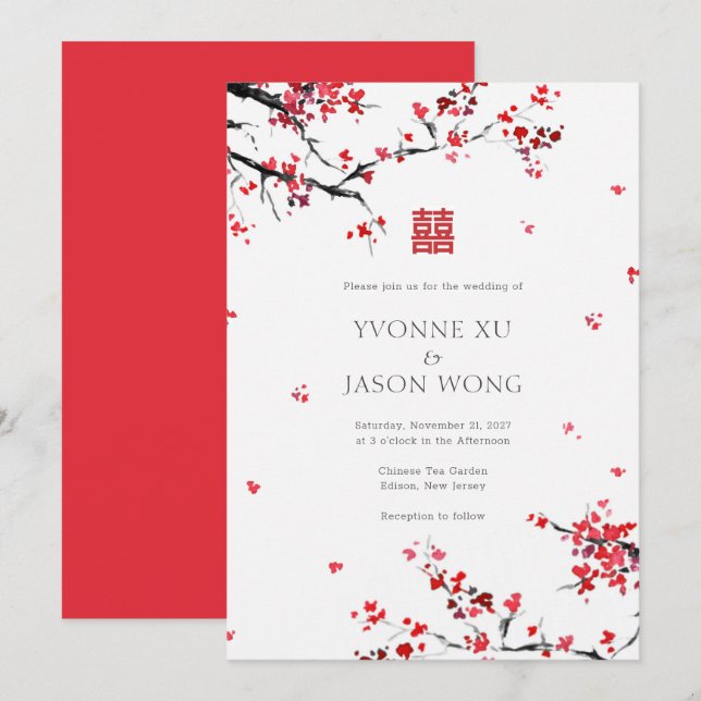 Double Happiness Chinese Red Elegant Wedding Invitation (Front/Back)