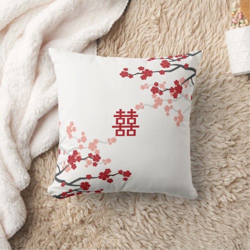 Double Happiness Chinese Wedding Cherry Blossoms Throw Pillow