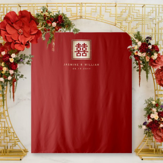 Double Happiness Chinese Wedding Photo Backdrop (Red/Gold Classic Square Double Happiness Chinese Wedding Photo Backdrop Tapestry @ fatfatin_red_knot)