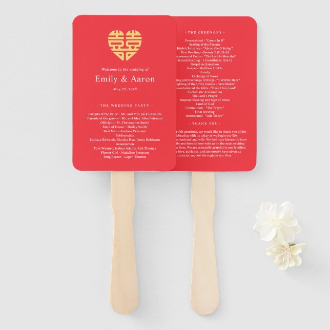 Double Happiness Chinese Wedding Program Hand Fan (Front and Back)