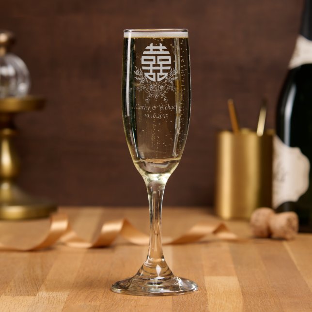 Double happiness circle flower chinese wedding champagne flute (Party)