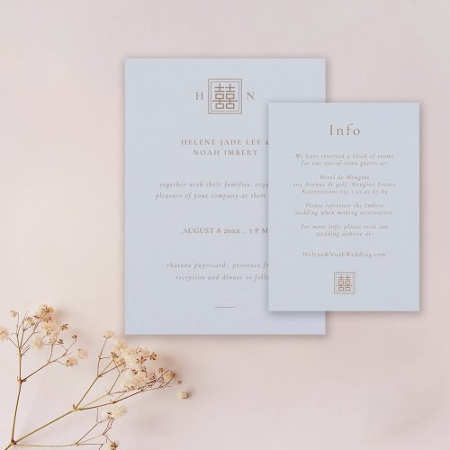 Double Happiness Dusty Blue  Gold Chinese Wedding Enclosure Card