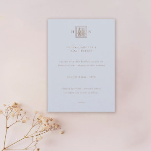 Double Happiness Dusty Blue & Gold Chinese Wedding Invitation