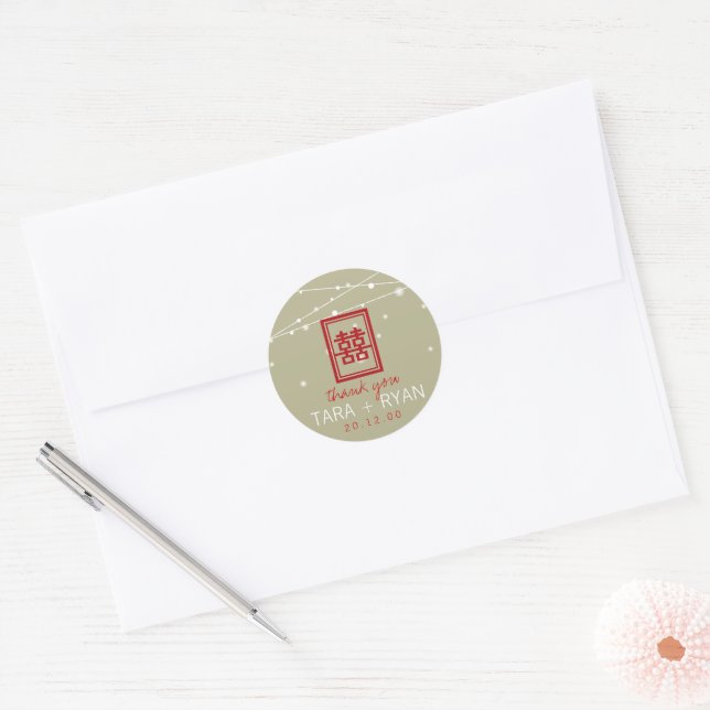 Double Happiness Fairy Lights Chic Chinese Wedding Classic Round Sticker (Envelope)