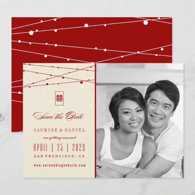 Double Happiness Fairy Lights Photo Save The Date Invitation (Front/Back)