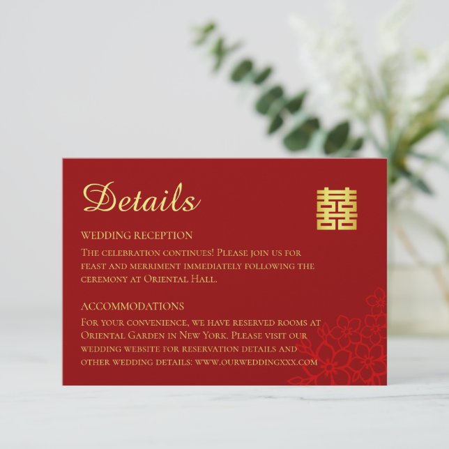 Double happiness floral background Chinese wedding Enclosure Card (Standing Front)