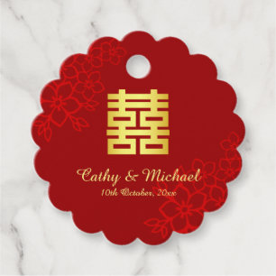 Double happiness floral background Chinese wedding Favor Tags