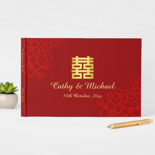 Double happiness floral background Chinese wedding Guest Book