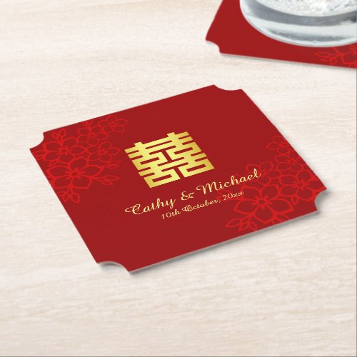 Double happiness floral background Chinese wedding Paper Coaster