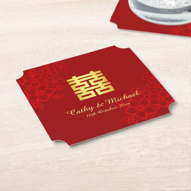 Double happiness floral background Chinese wedding Paper Coaster (Angled)