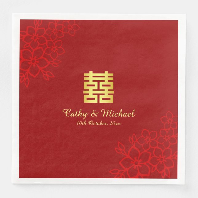 Double happiness floral background Chinese wedding Paper Dinner Napkins (Front)
