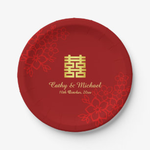 Double happiness floral background Chinese wedding Paper Plates