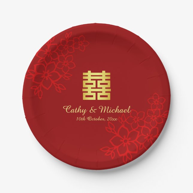 Double happiness floral background Chinese wedding Paper Plates (Front)