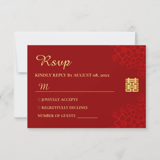 Double happiness floral background Chinese wedding RSVP Card (Front)