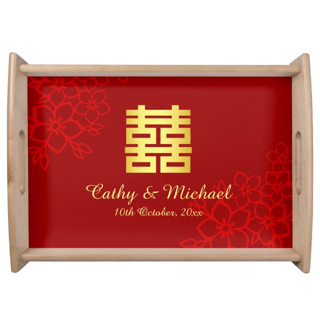 Double happiness floral Chinese wedding ceremony Serving Tray (Front)