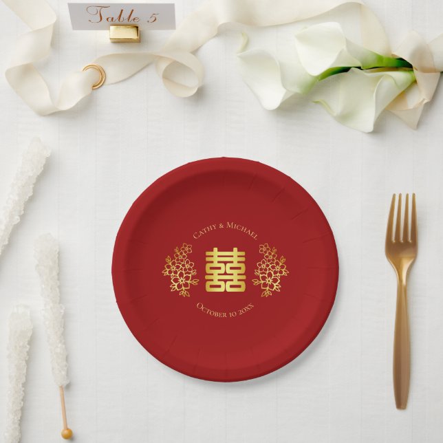 Double happiness floral chinese wedding red gold paper plates (Wedding)
