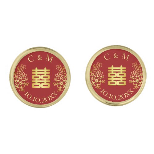 Double happiness floral initials chinese wedding cufflinks