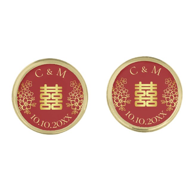 Double happiness floral initials chinese wedding cufflinks (Front)