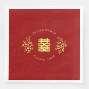Double happiness floral logo chinese wedding red paper dinner napkins