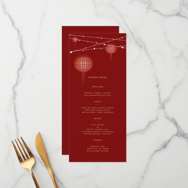 Double Happiness Glowing Lanterns Chinese Wedding Menu (Front/Back In Situ)