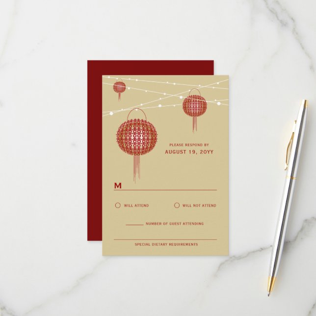 Double Happiness Glowing Lanterns Chinese Wedding RSVP Card (Front/Back In Situ)