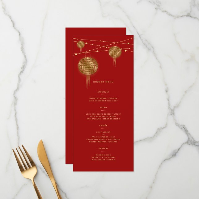 Double Happiness Gold Lanterns Red Chinese Wedding Menu (Front/Back In Situ)