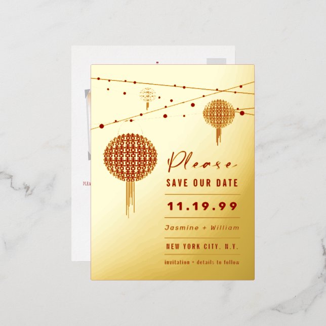 Double Happiness Lanterns Chinese Save The Date Fo Foil Invitation Postcard (Front/Back)
