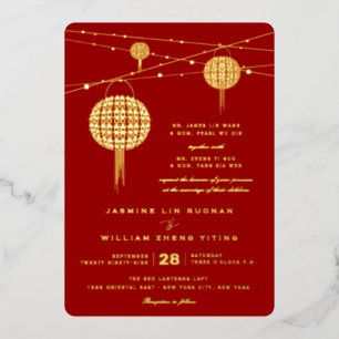 Double Happiness Lanterns Modern Chinese Wedding Foil Invitation